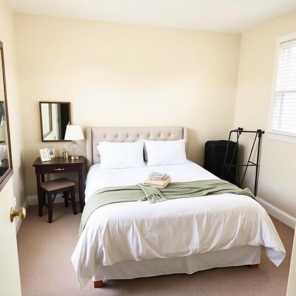 Finished cozy guest bedroom set up for an Airbnb or traveling professional